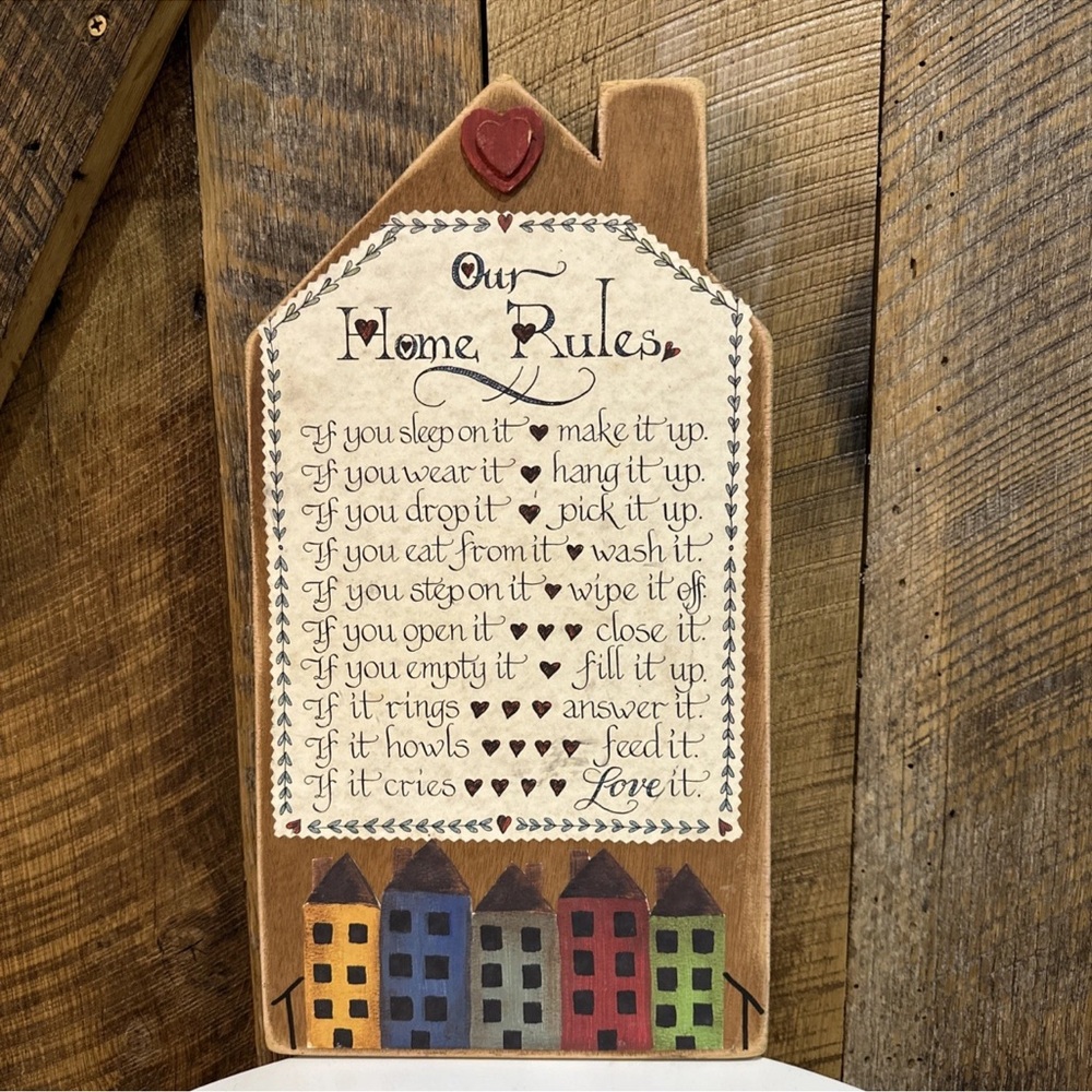 Vintage Handcrafted Wooden “Our Home Rules” Hanging Plaque/Picture 15”x8”
